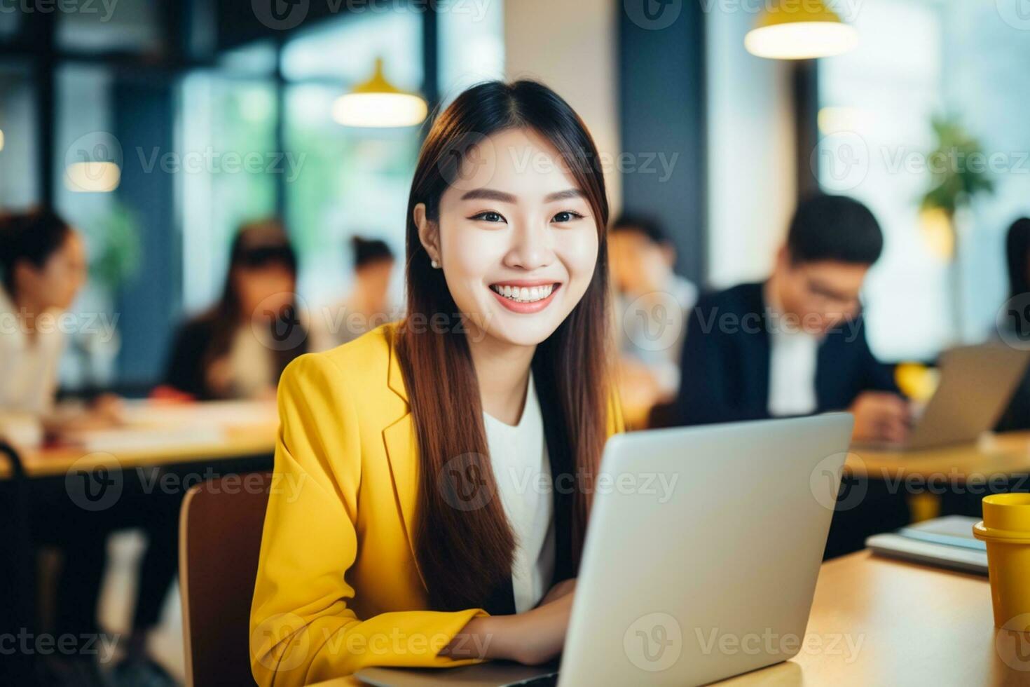 Portrait of young woman working on laptop computer in modern office, Confident  employee smiling happily while working with coworkers. AI Generative photo