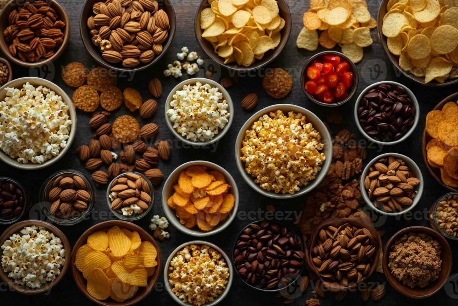 Variety of snacks in wooden bowls. Nuts, corn, raisins, peanuts, walnuts, pecans, cornflakes, cranberries. AI Generative photo