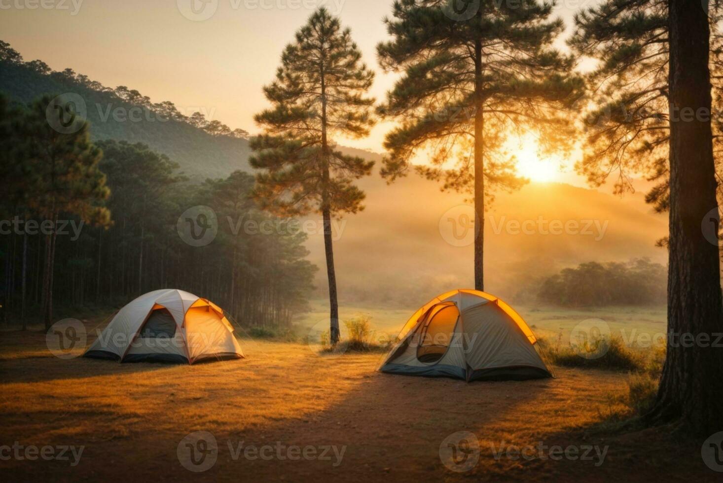Camping on the top of the mountain at sunset, Thailand. AI Generative photo