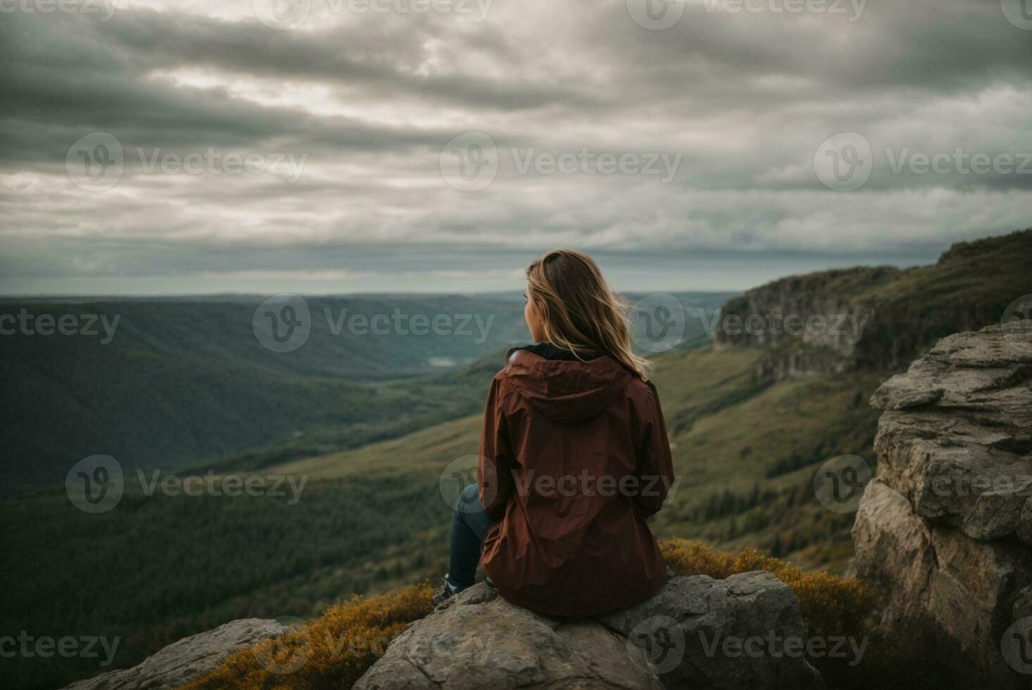 Back view of a woman sitting alone at the big mountains. AI Generative photo