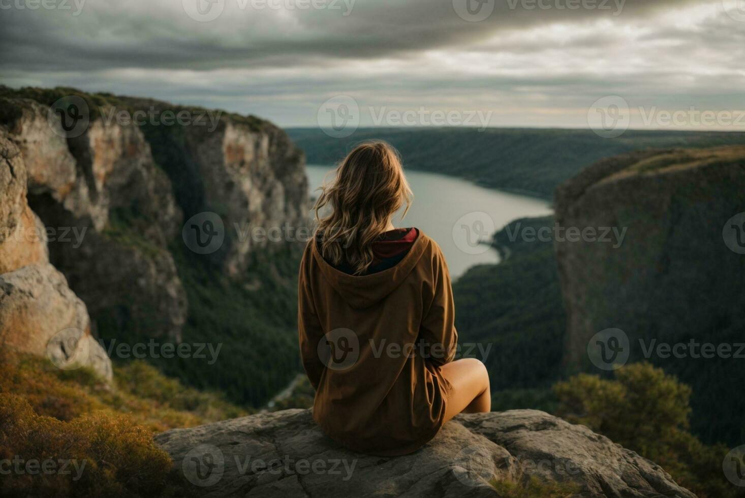 Back view of a woman sitting alone at the big mountains. AI Generative photo