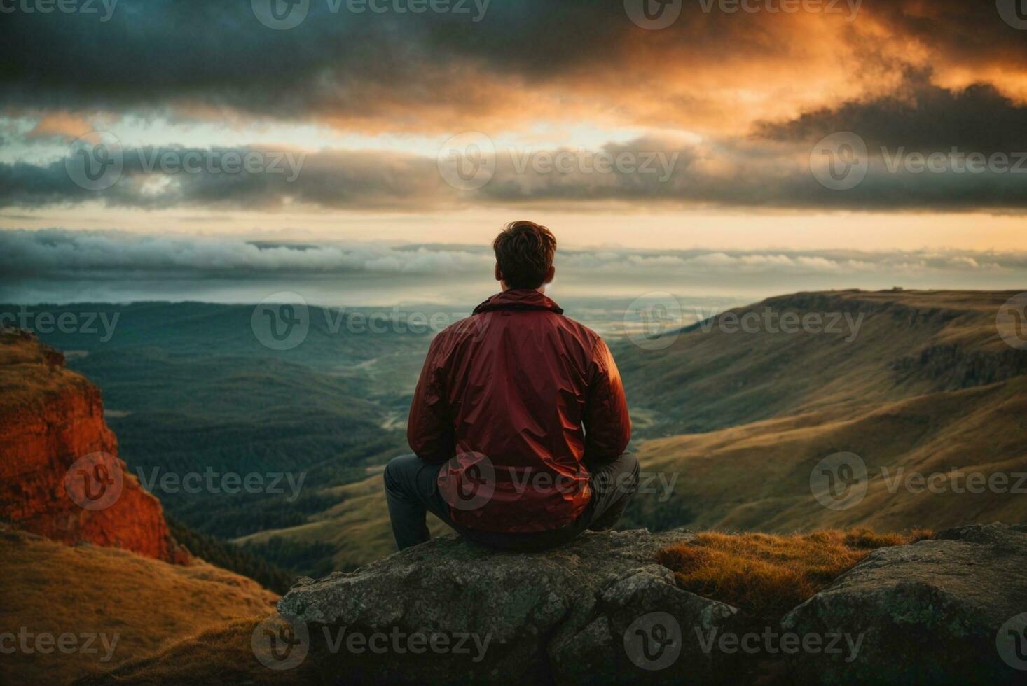 Back view of a man sitting alone at the big mountains. AI Generative photo