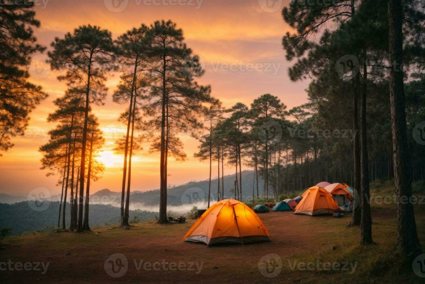 Camping on the top of the mountain at sunset, Thailand. AI Generative photo