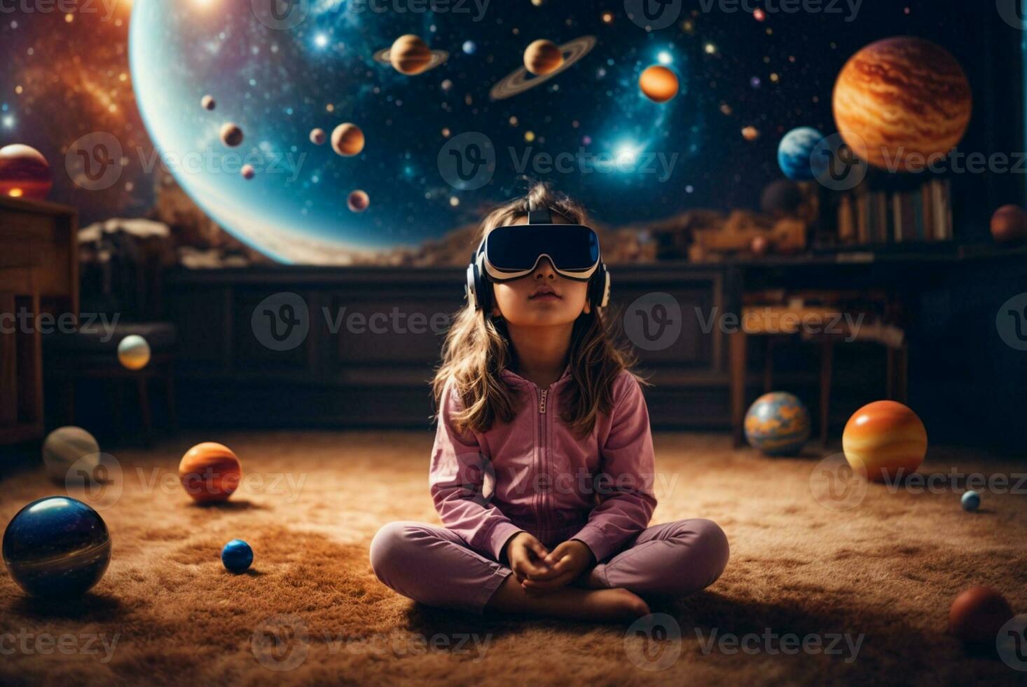 linda pequeño niña vistiendo virtual realidad gafas de protección mientras sentado en el piso en el habitación con planetas y estrellas. ai generativo foto