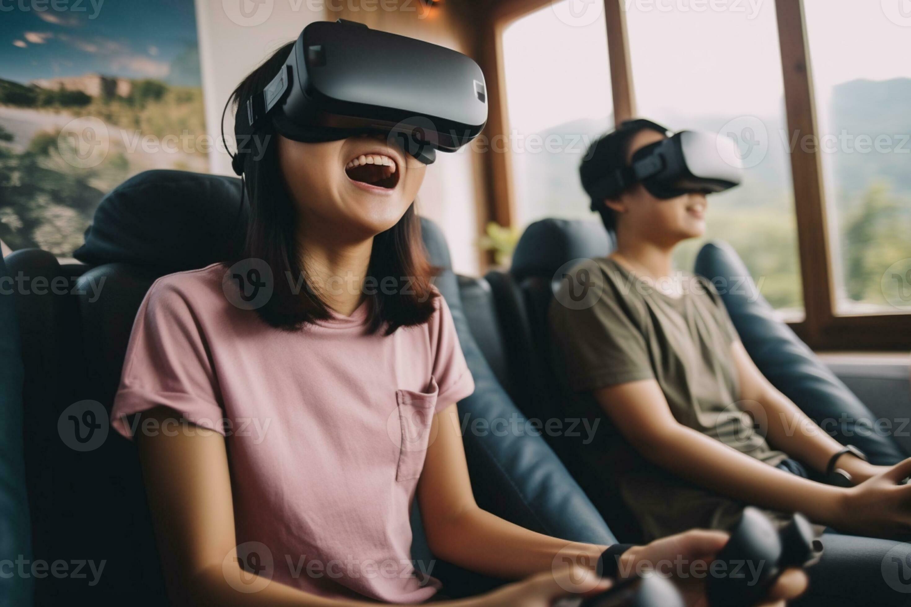 Unique Gift Ideas to Treat Your Best Friend 2 Smiling woman and friend using virtual reality headset while sitting on sofa at home. AI Generative 34083718 Stock Photo at Vecteezy
