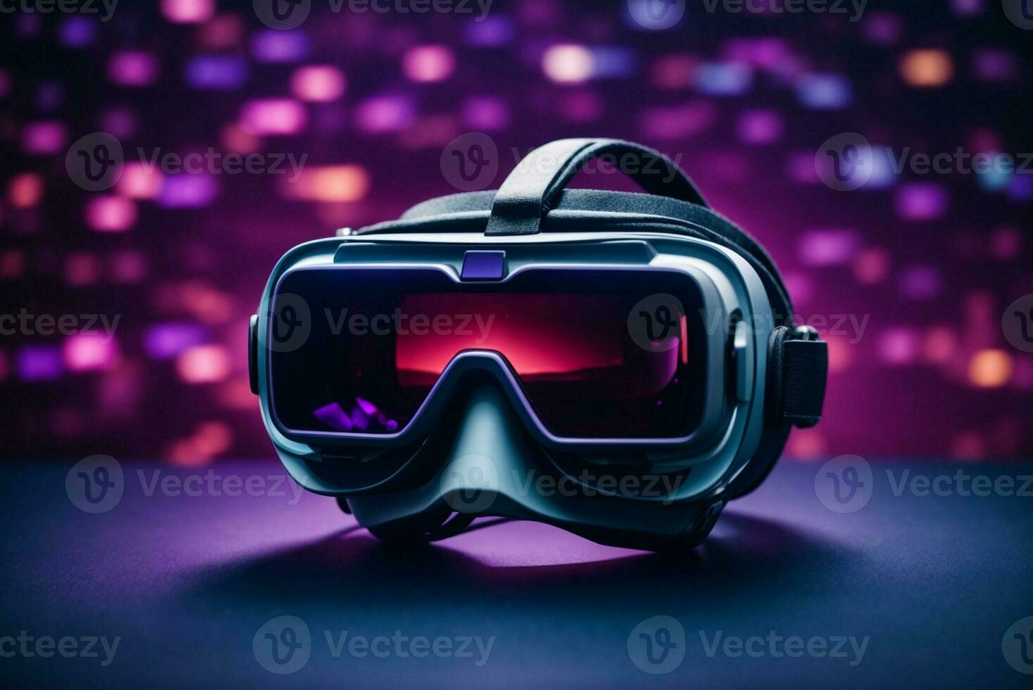 3d illustration of virtual reality glasses on purple background with bokeh. AI Generative photo