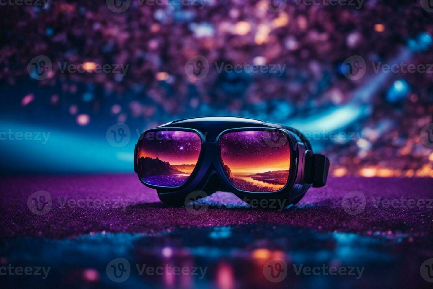 3d illustration of virtual reality glasses on purple background with bokeh. AI Generative photo