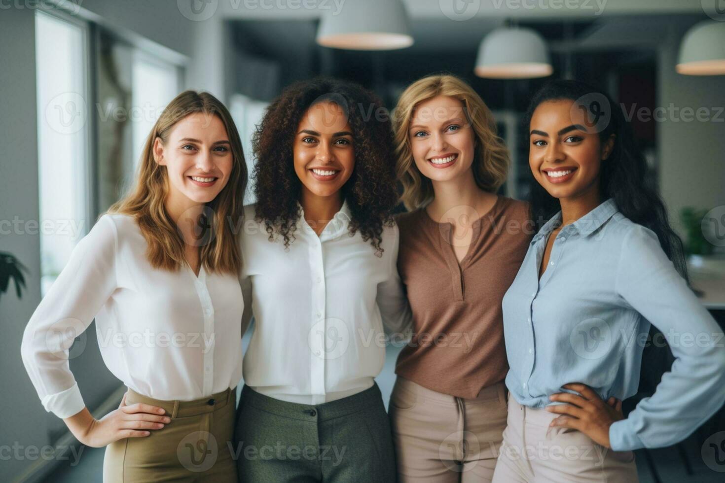 grupo de casual negocio trabajo en equipo hombres y mujer mirando a cámara con cruzado brazos en oficina, nuevo Generacion de energético empresarios concepto. ai generativo foto