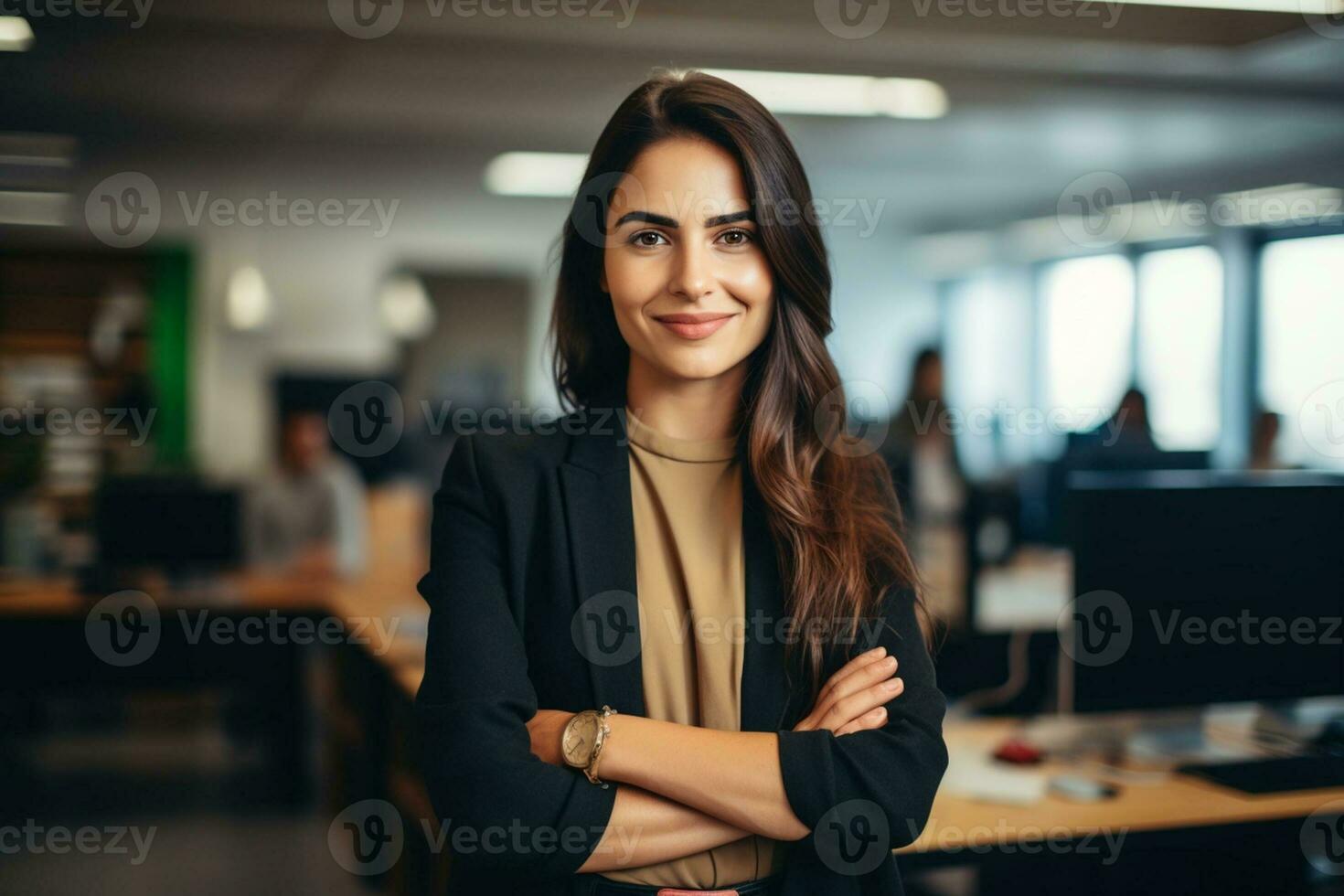 Happy casual businesswoman looking at camera with crossed arms in office, New generation of energetic entrepreneurs concept. AI Generative photo