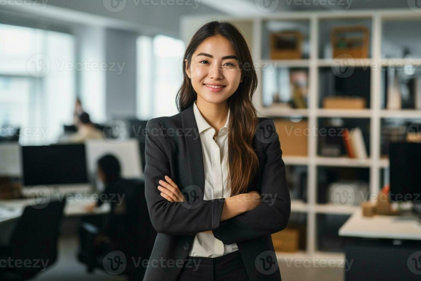 Happy casual businesswoman looking at camera with crossed arms in office, New generation of energetic entrepreneurs concept. AI Generative photo