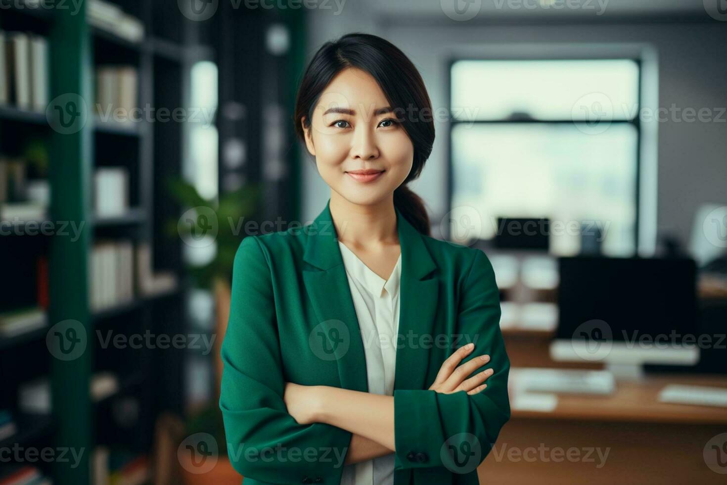 Happy casual businesswoman looking at camera with crossed arms in office, New generation of energetic entrepreneurs concept. AI Generative photo