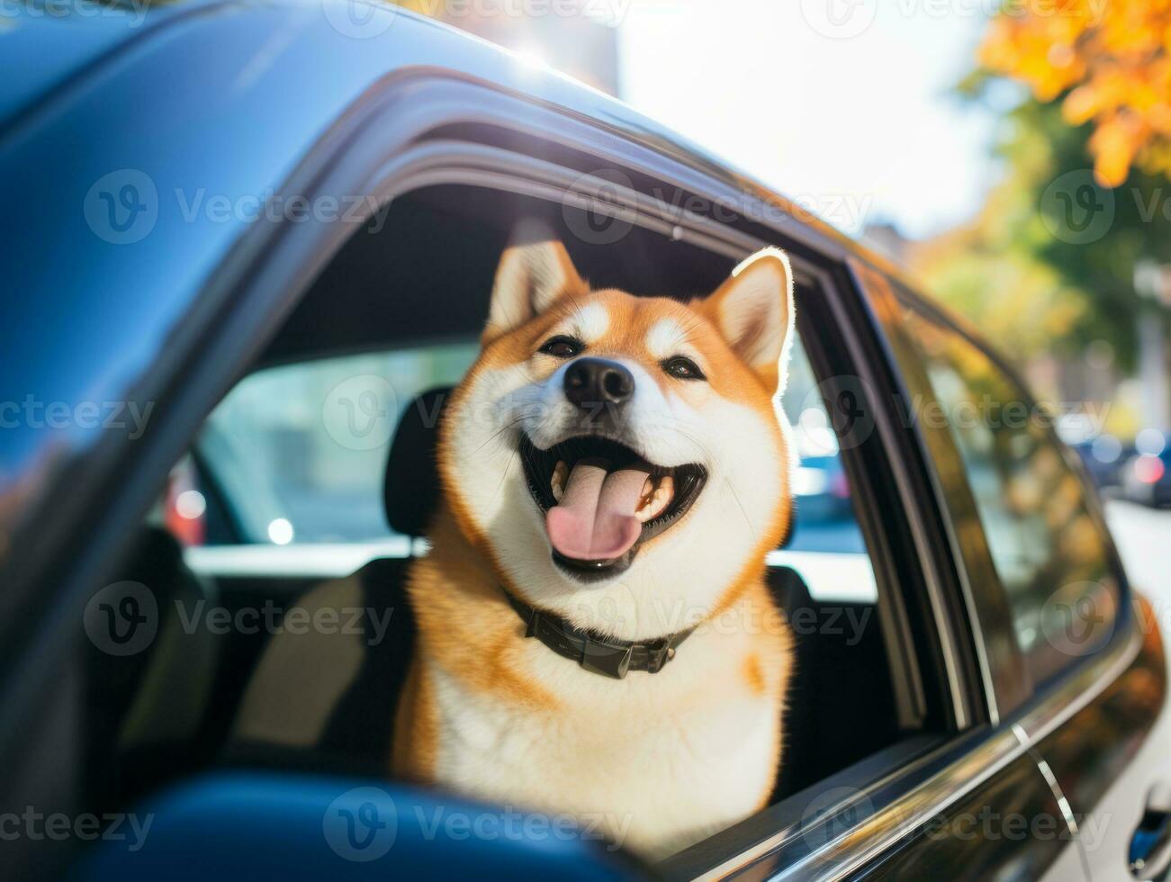 Happy dog riding in a car with its head out the window AI Generative photo