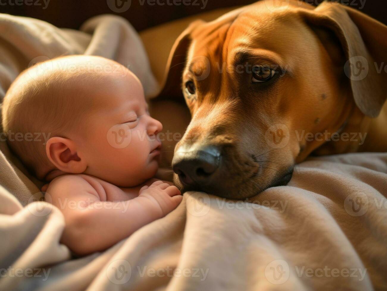 Loving dog nuzzling a newborn baby in a crib AI Generative photo