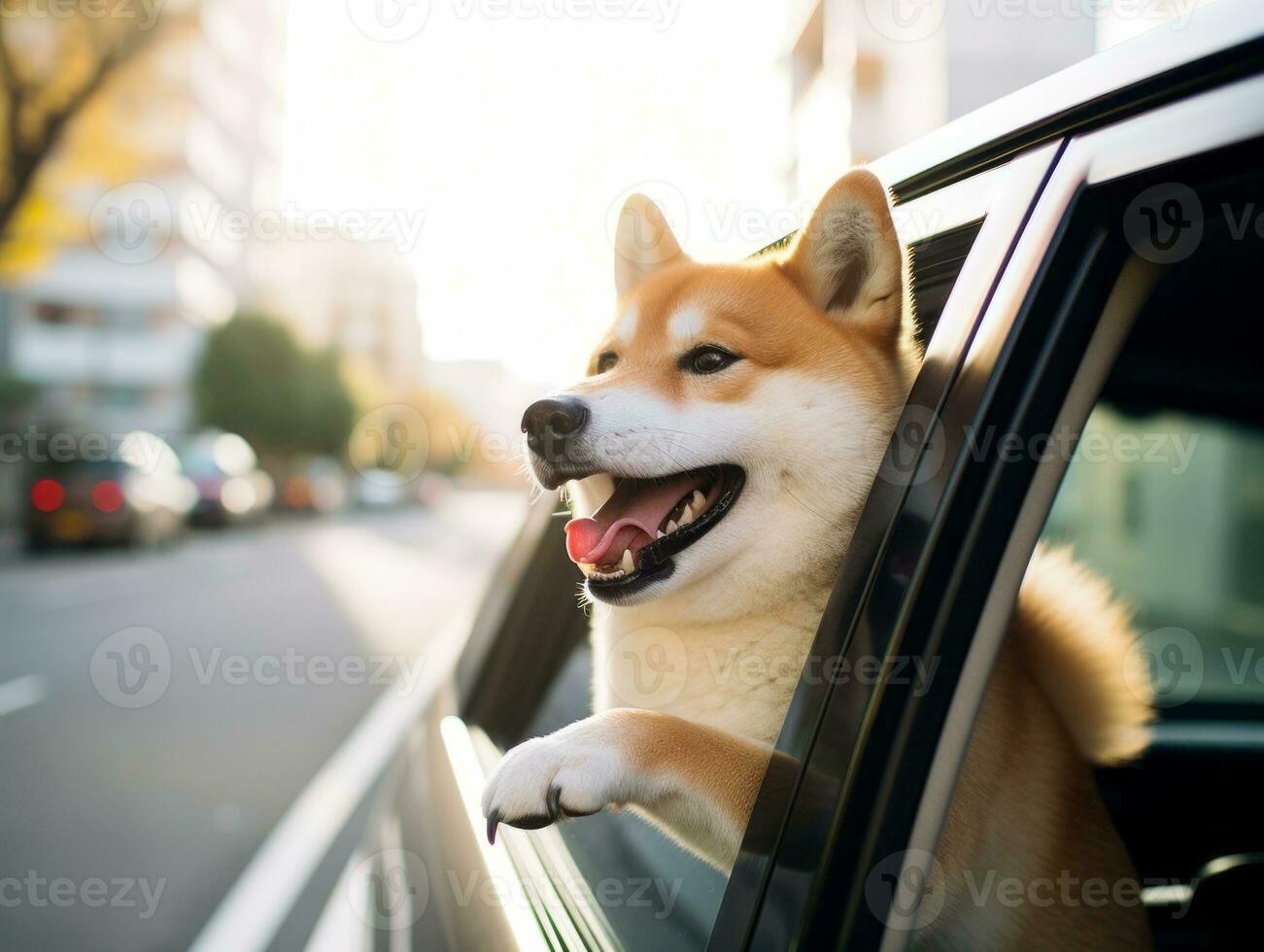 Happy dog riding in a car with its head out the window AI Generative photo