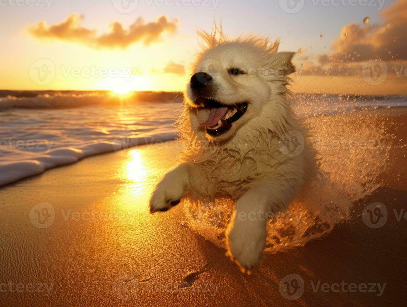 Happy dog playing on the beach AI Generative photo