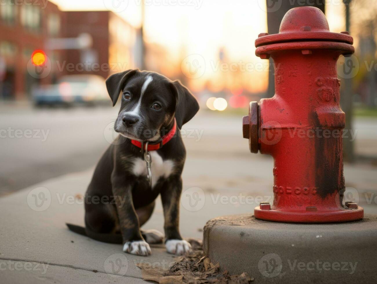 Cute puppy sitting by a fire hydrant AI Generative photo