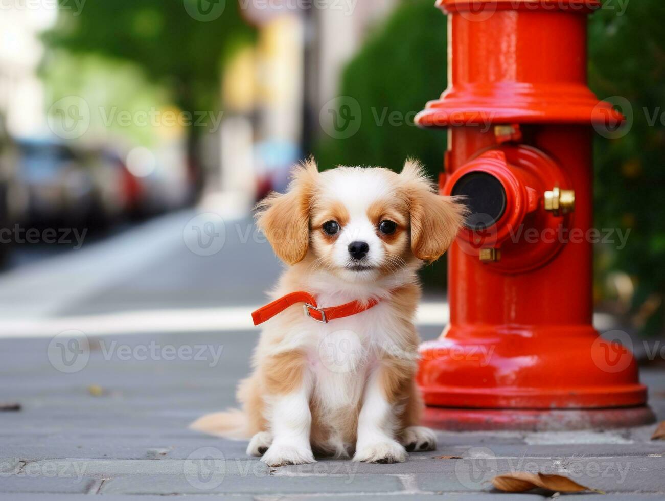 Cute puppy sitting by a fire hydrant AI Generative photo