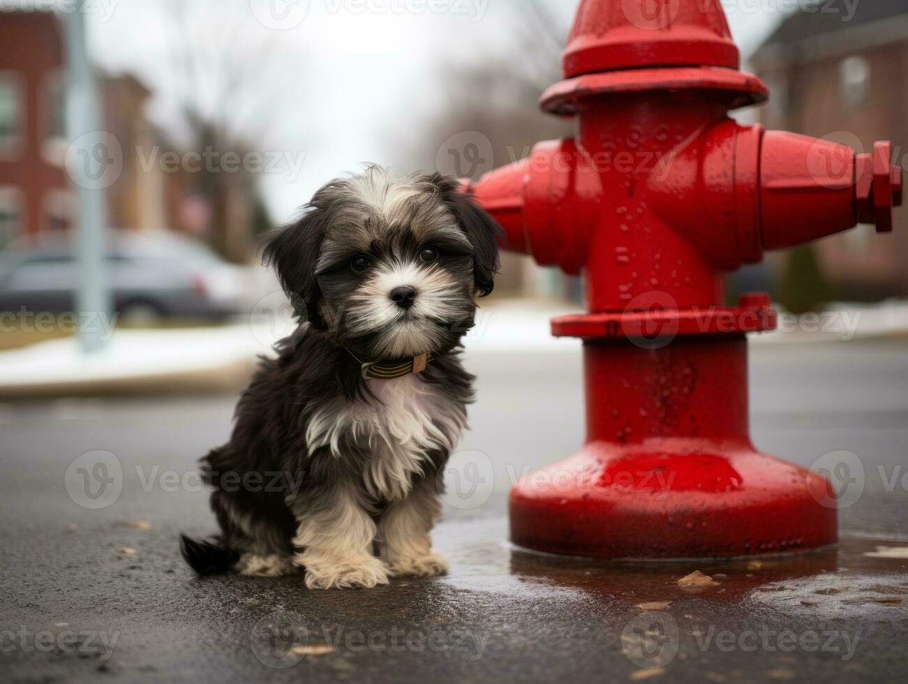 Cute puppy sitting by a fire hydrant AI Generative photo