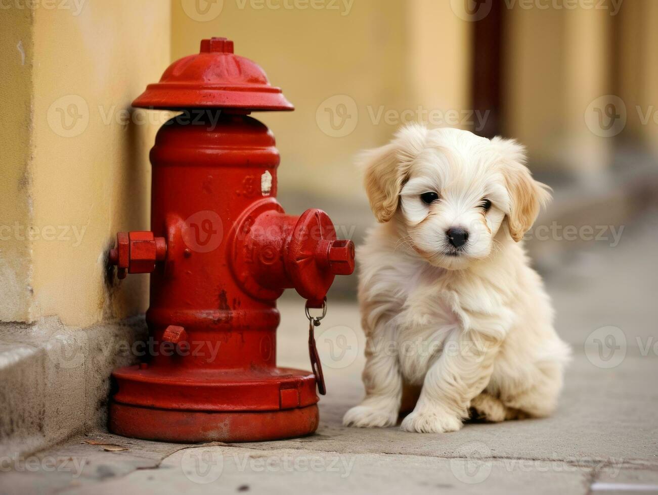 Cute puppy sitting by a fire hydrant AI Generative photo