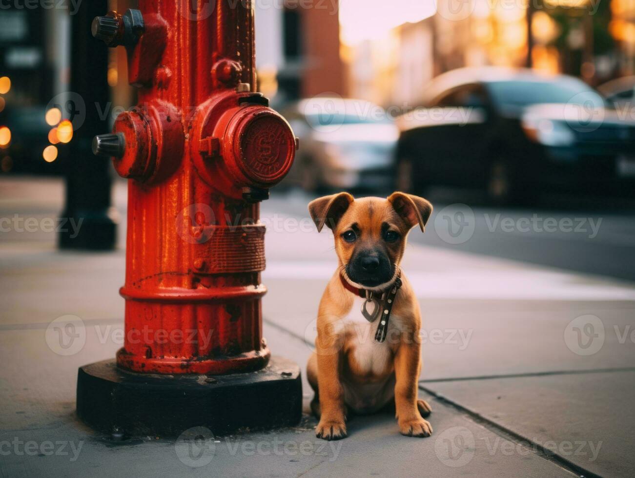 Cute puppy sitting by a fire hydrant AI Generative photo