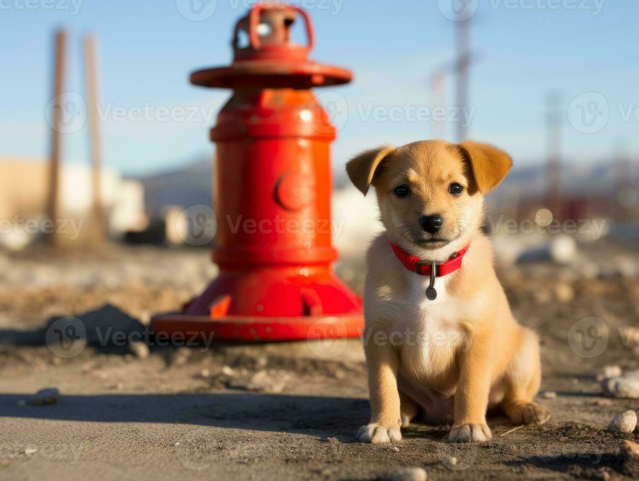 Cute puppy sitting by a fire hydrant AI Generative photo
