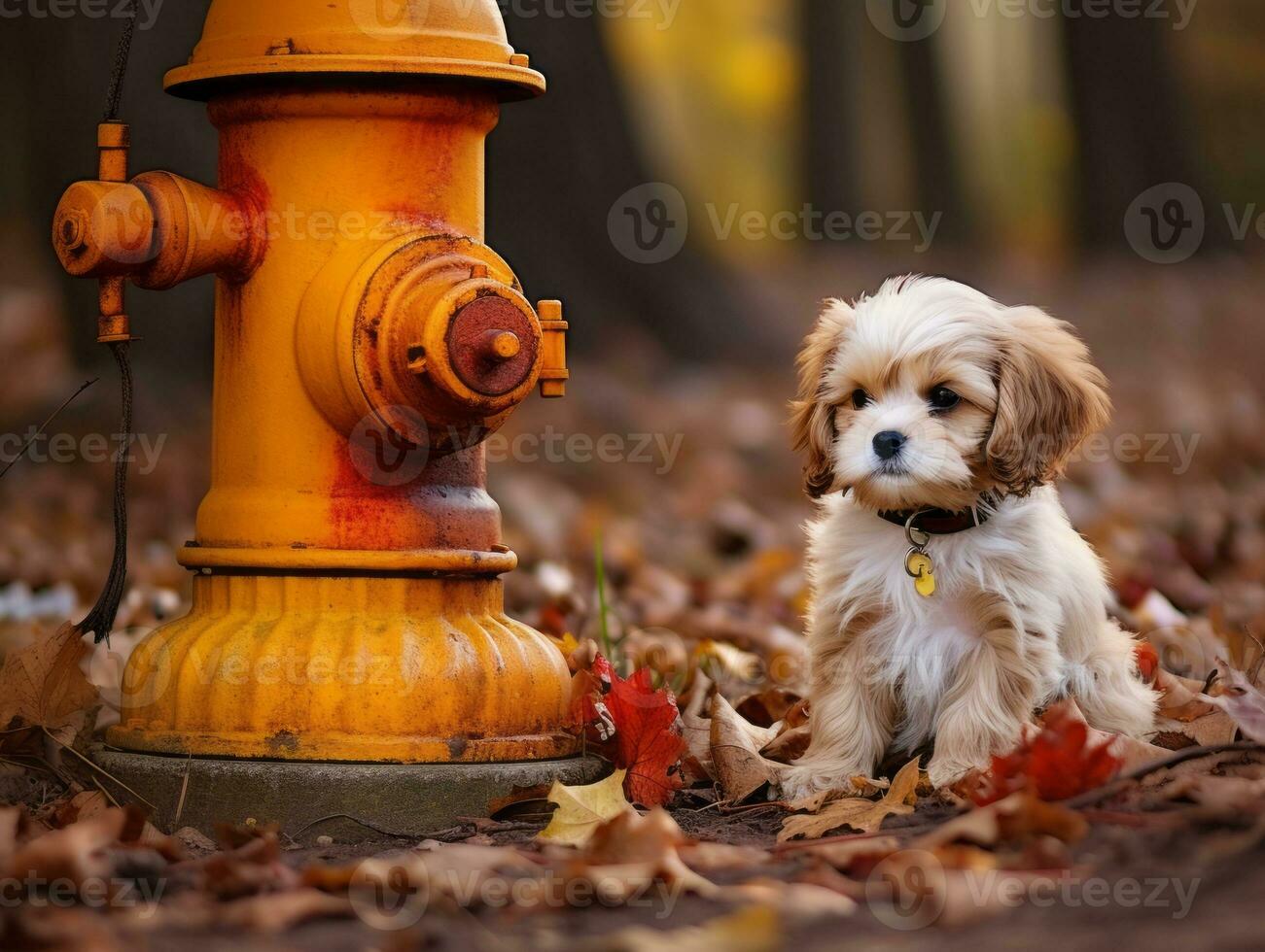 Cute puppy sitting by a fire hydrant AI Generative photo