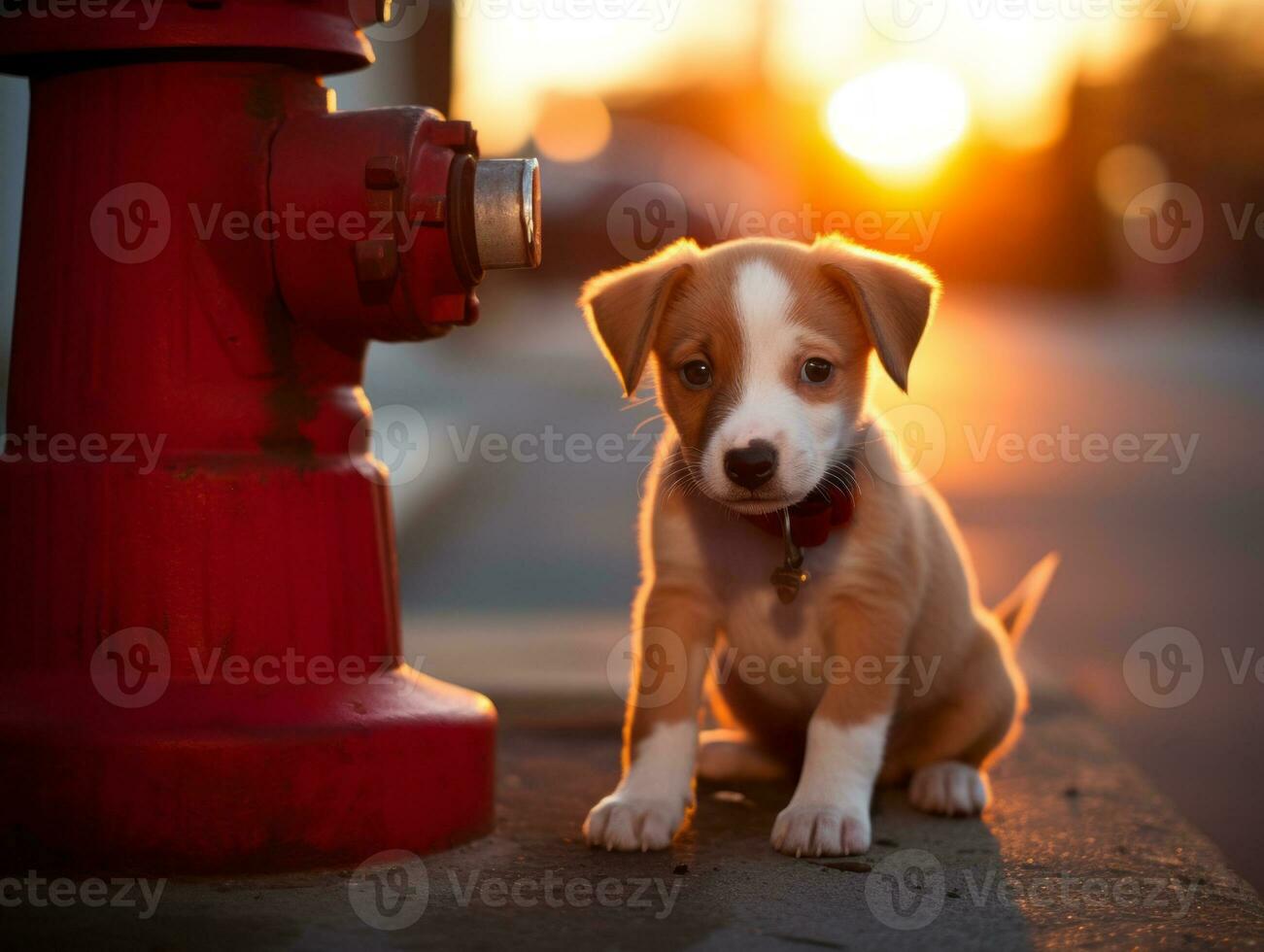 Cute puppy sitting by a fire hydrant AI Generative photo