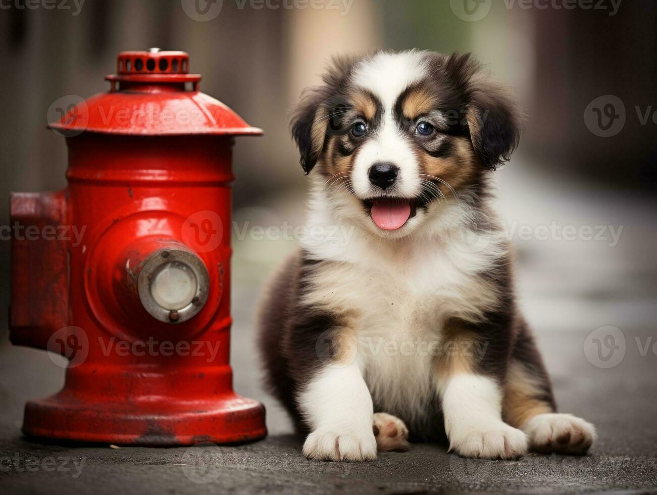 Cute puppy sitting by a fire hydrant AI Generative photo
