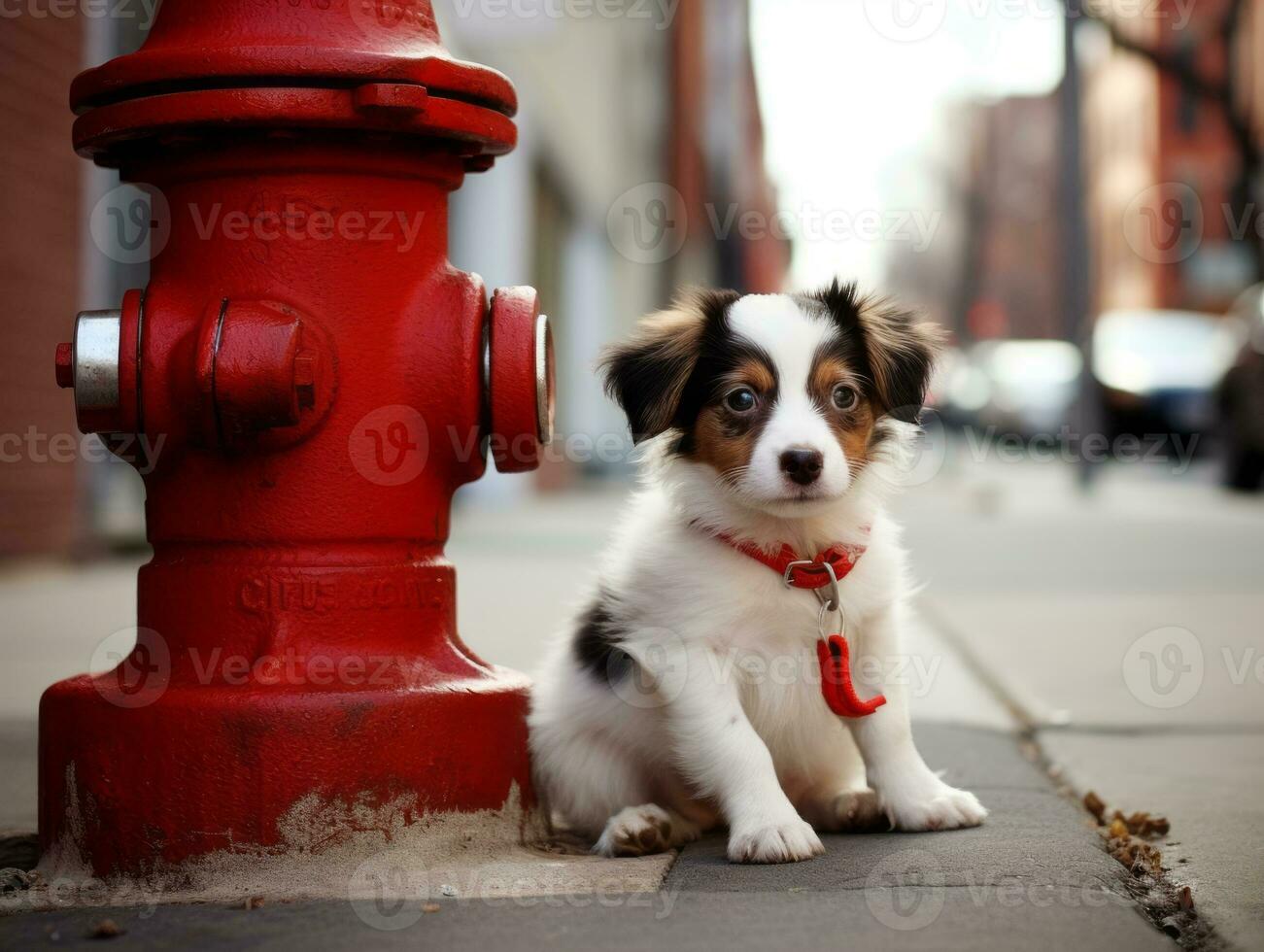 Cute puppy sitting by a fire hydrant AI Generative photo