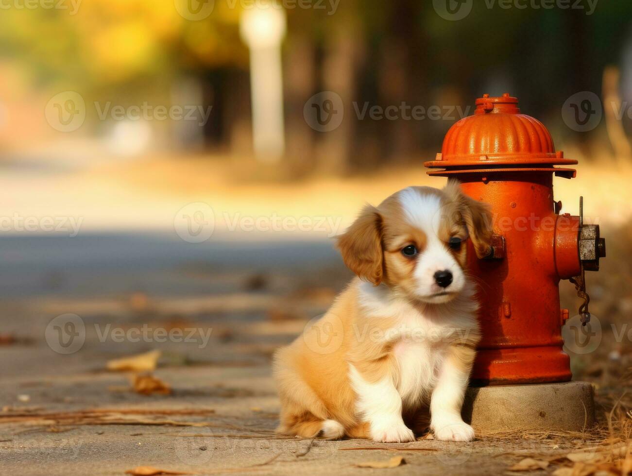Cute puppy sitting by a fire hydrant AI Generative photo
