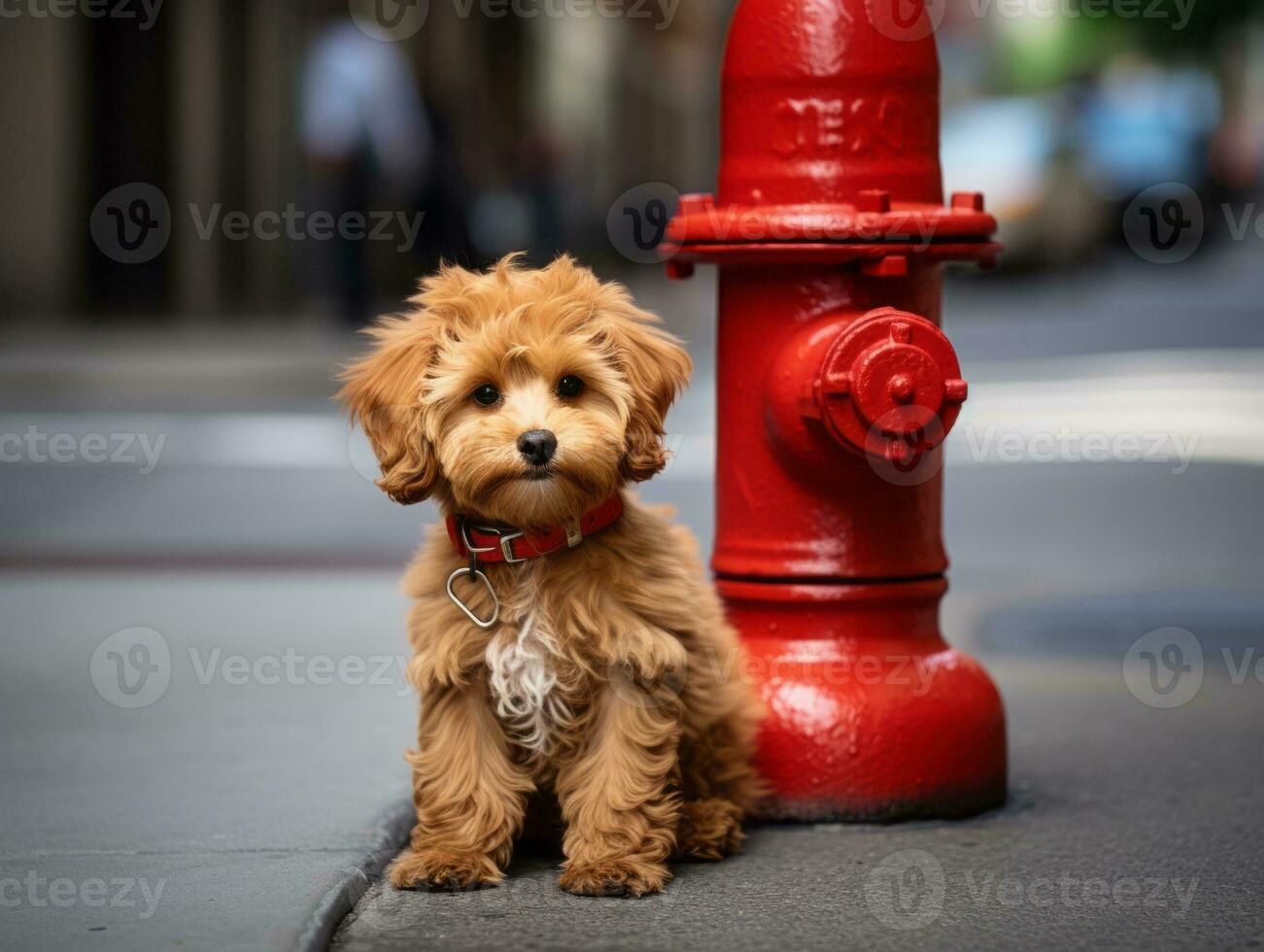 Cute puppy sitting by a fire hydrant AI Generative photo
