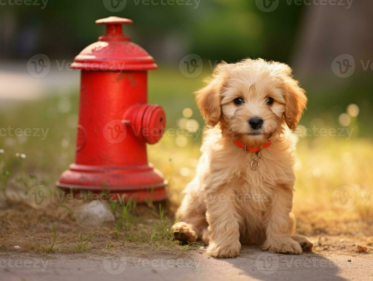Cute puppy sitting by a fire hydrant AI Generative photo