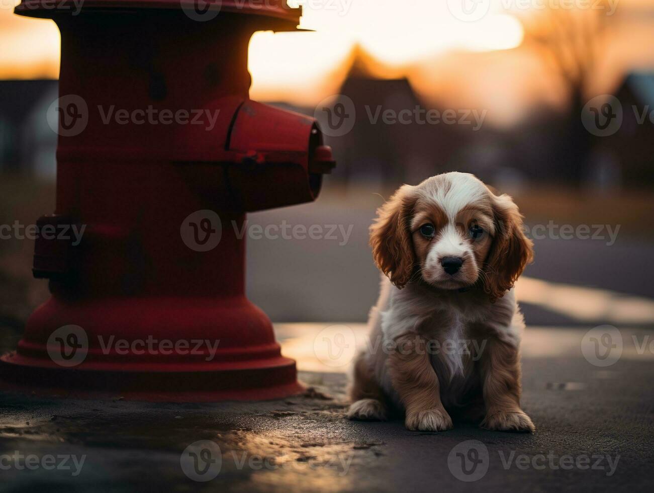 Cute puppy sitting by a fire hydrant AI Generative photo