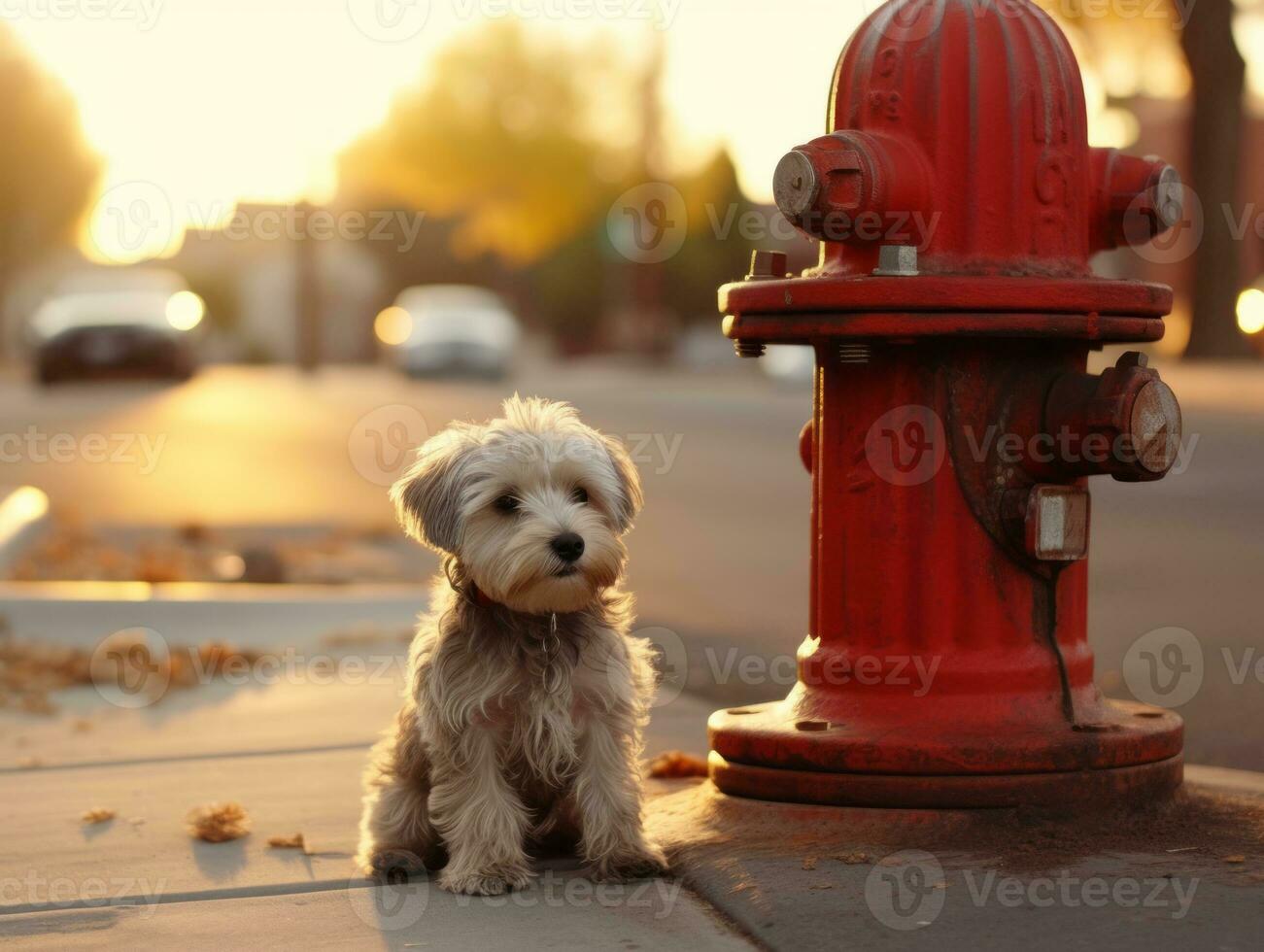 Cute puppy sitting by a fire hydrant AI Generative photo