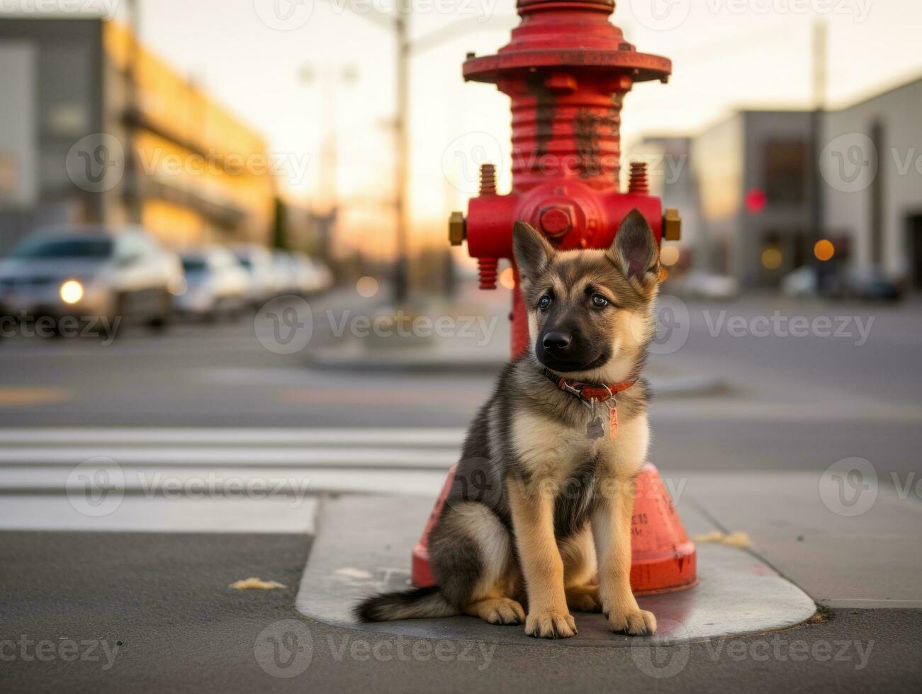 Cute puppy sitting by a fire hydrant AI Generative photo