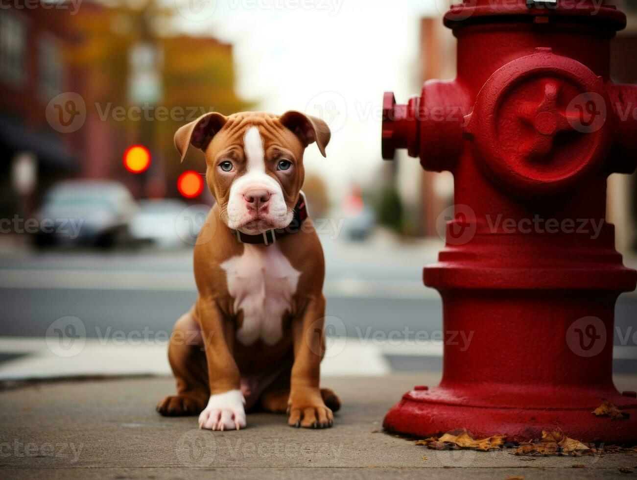 Cute puppy sitting by a fire hydrant AI Generative photo