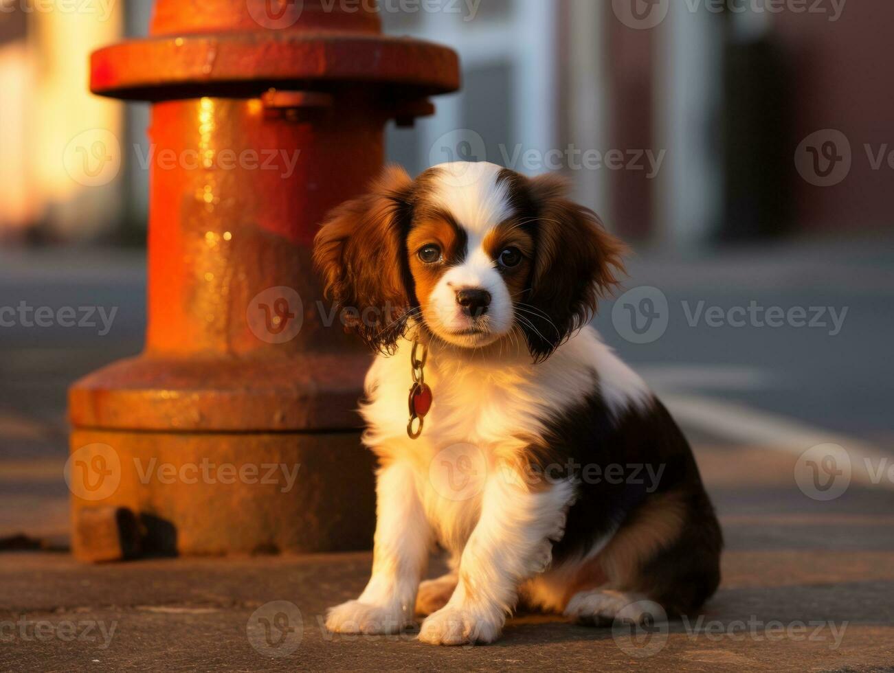 Cute puppy sitting by a fire hydrant AI Generative photo