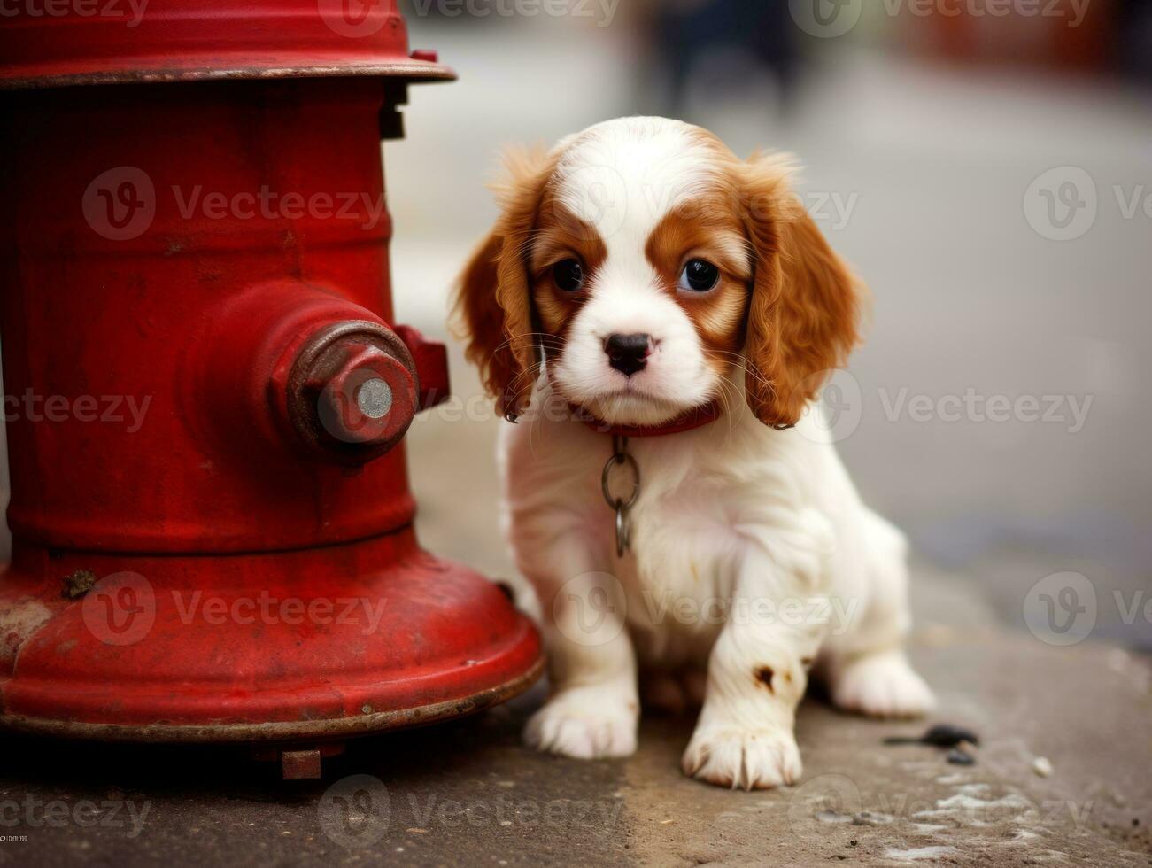 Cute puppy sitting by a fire hydrant AI Generative photo