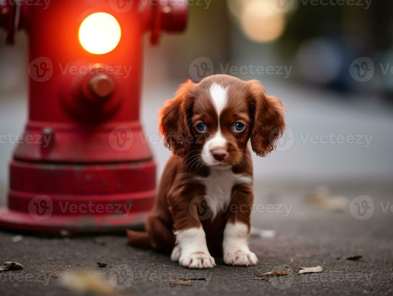 Cute puppy sitting by a fire hydrant AI Generative photo