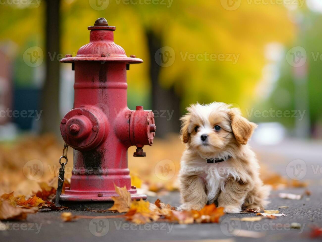 Cute puppy sitting by a fire hydrant AI Generative photo