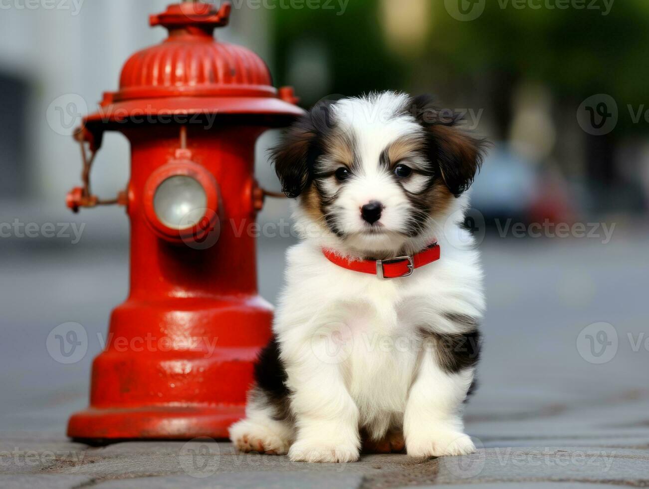 Cute puppy sitting by a fire hydrant AI Generative photo