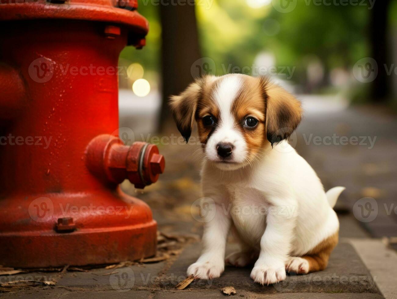 Cute puppy sitting by a fire hydrant AI Generative photo