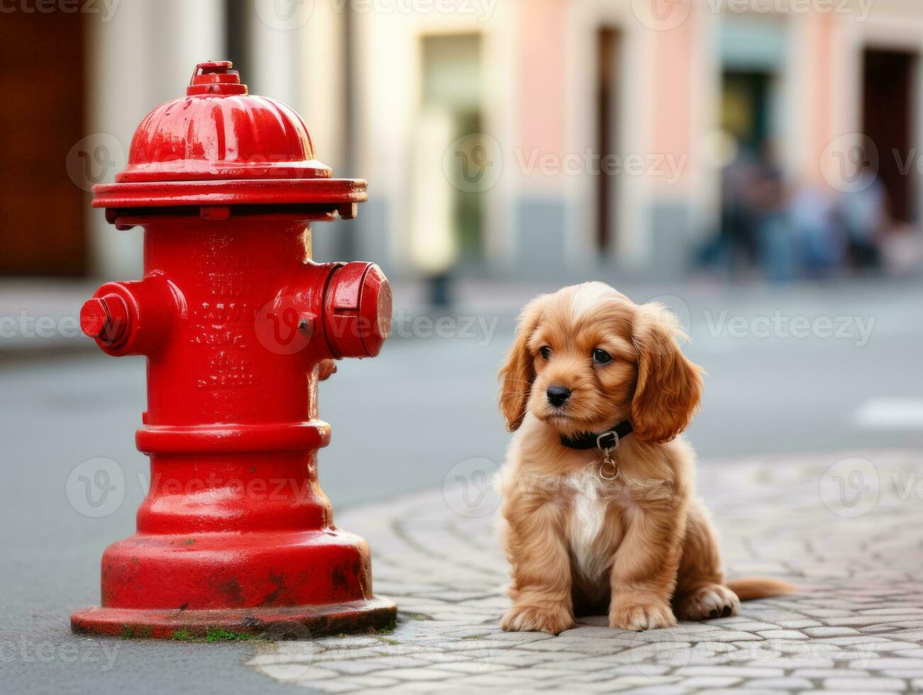 Cute puppy sitting by a fire hydrant AI Generative photo
