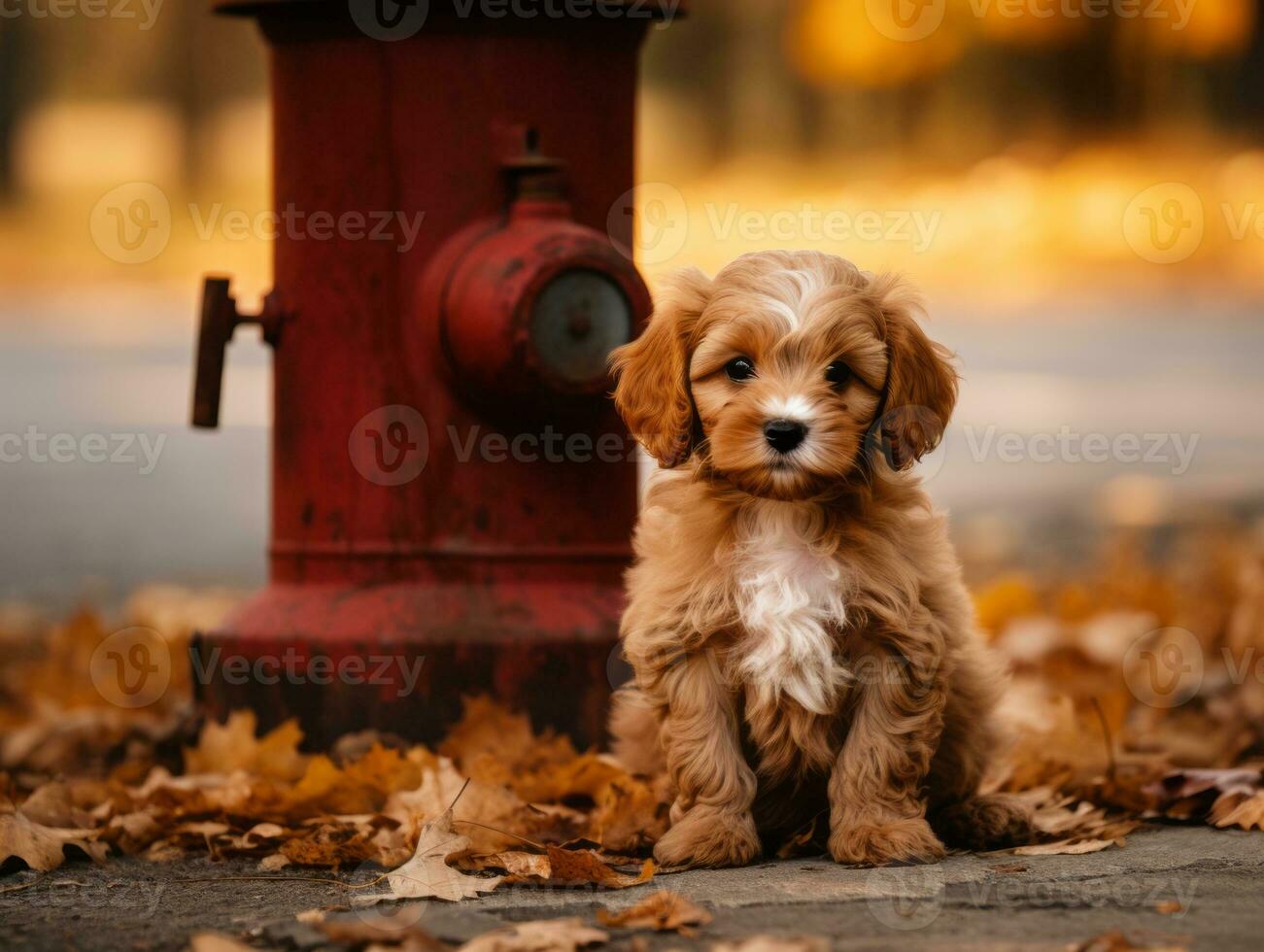 Cute puppy sitting by a fire hydrant AI Generative photo