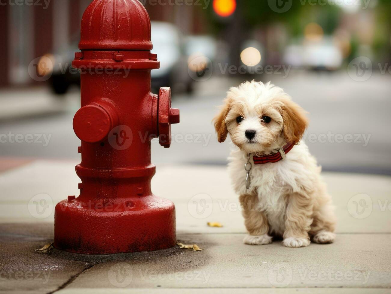 Cute puppy sitting by a fire hydrant AI Generative photo
