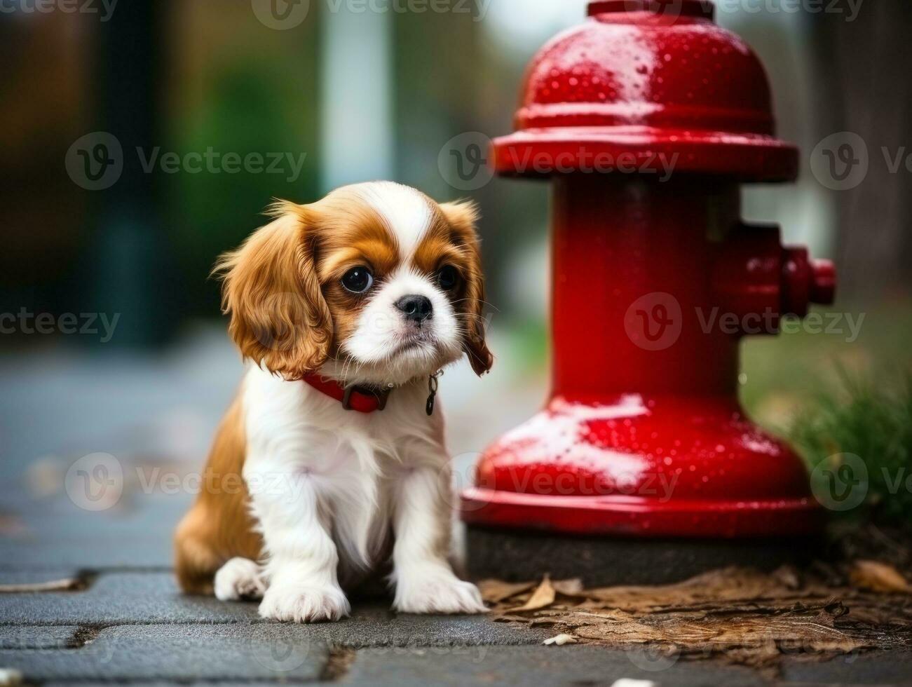 Cute puppy sitting by a fire hydrant AI Generative photo