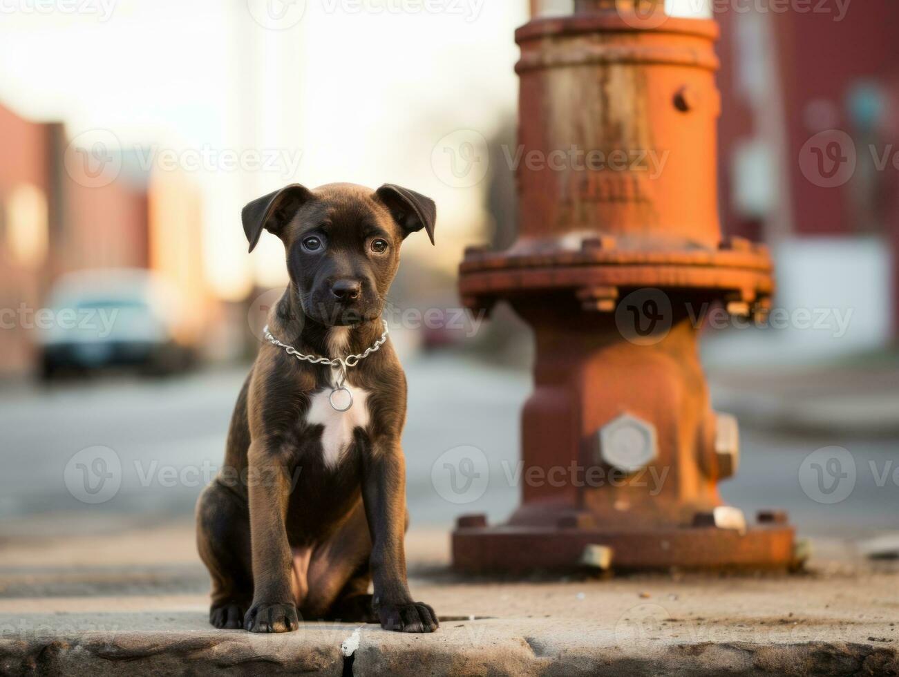 Cute puppy sitting by a fire hydrant AI Generative photo
