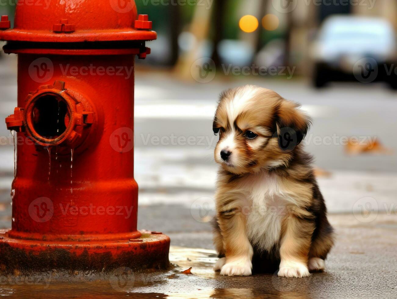 Cute puppy sitting by a fire hydrant AI Generative photo