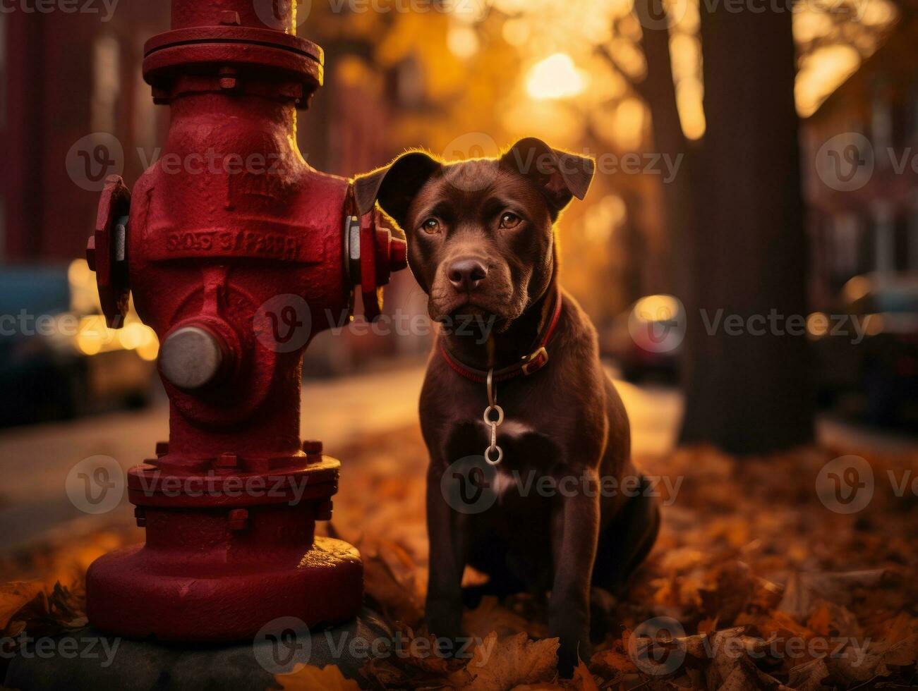 Cute puppy sitting by a fire hydrant AI Generative photo