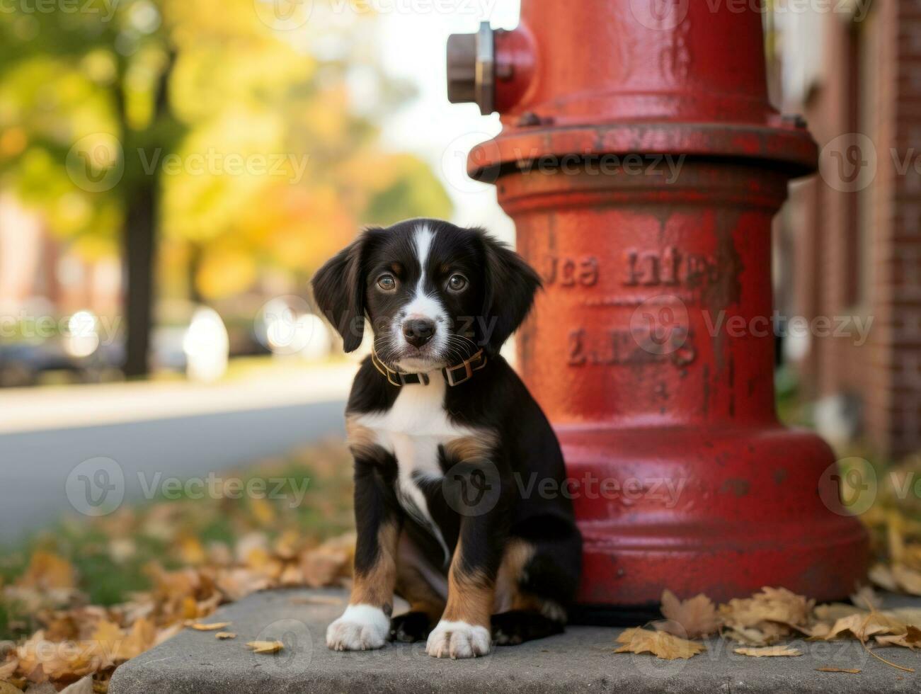 Cute puppy sitting by a fire hydrant AI Generative photo
